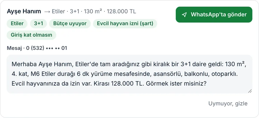 Eşleşme kartı ve müşteriye gidecek hazır WhatsApp mesajı