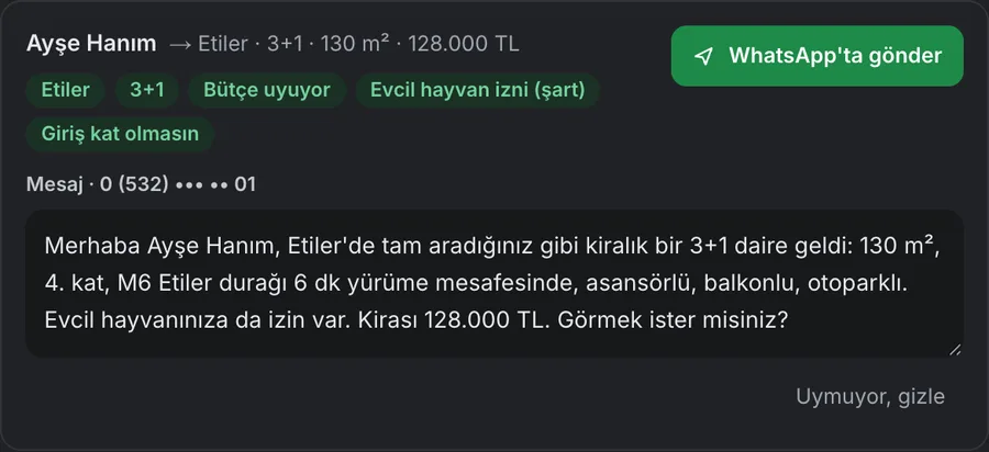 Eşleşme kartı ve müşteriye gidecek hazır WhatsApp mesajı